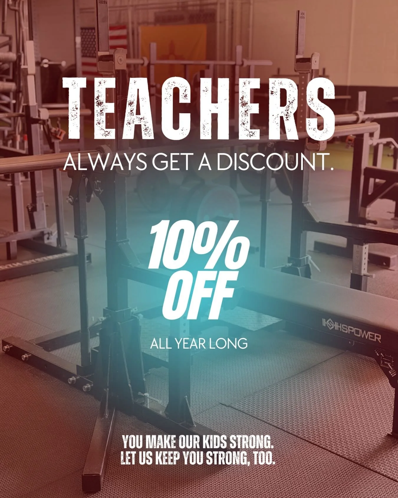 Summer is almost here and it&rsquo;s time for EVERYONE to get strong.

Students (age 13-23) are taking advantage of our Summer Lifting Pass, but we want our teachers strong too!

So, a reminder: teachers, you&rsquo;ve ALWAYS got 10% off in this gym. 