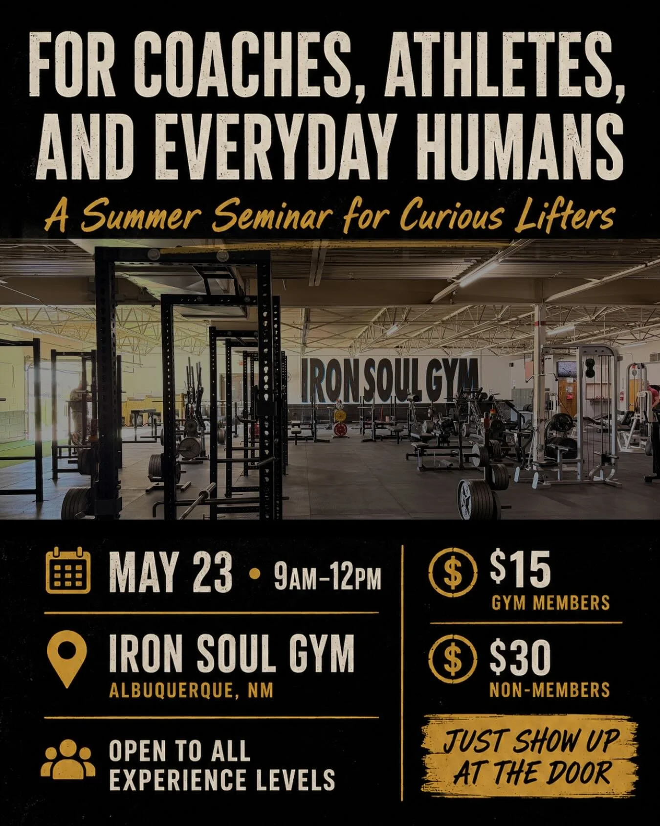 Our Summer Lifting Pass has already kicked off but we are also offering a Summer Seminar on May 23rd from 9a&ndash;12p at Iron Soul Gym, presented by @lobo.powerlifting.

We&rsquo;ll cover hands-on coaching and lifting with expert trainers, summer pr