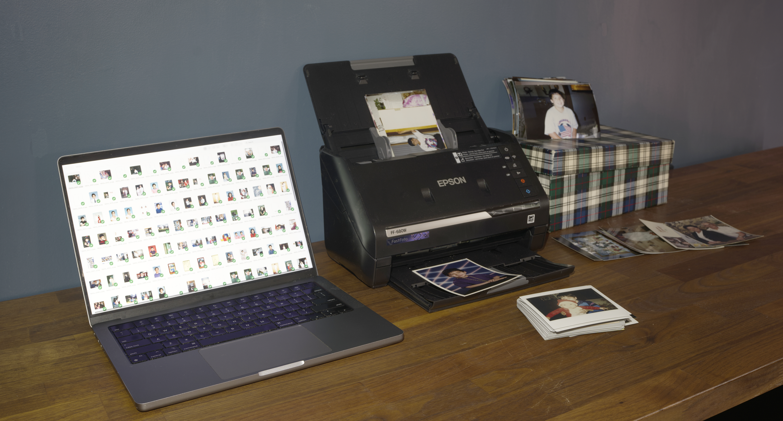 Paul's photo scanning setup: Epson FastFoto FF-680W with a family shoebox of photos being digitized for a customer.