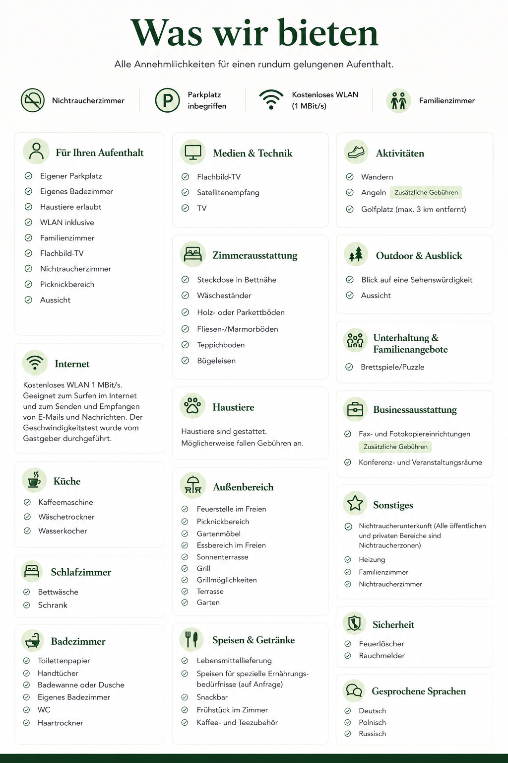 Informationsseite auf Deutsch mit Überschrift "Was wir bieten". Es listet Leistungen und Annehmlichkeiten für Aufenthalt, Technik, Zimmer, Außenbereich, Unterhaltung, Business, Sicherheit, Speisen, Getränke, zusätzliche Angebote, Haustiere, Küche, Badezimmer, Schlafzimmer, Aktivitäten, Outdoor, Sonstiges, Sprachen, und Internet auf, mit Symbolen neben Kategorien und Punkten.