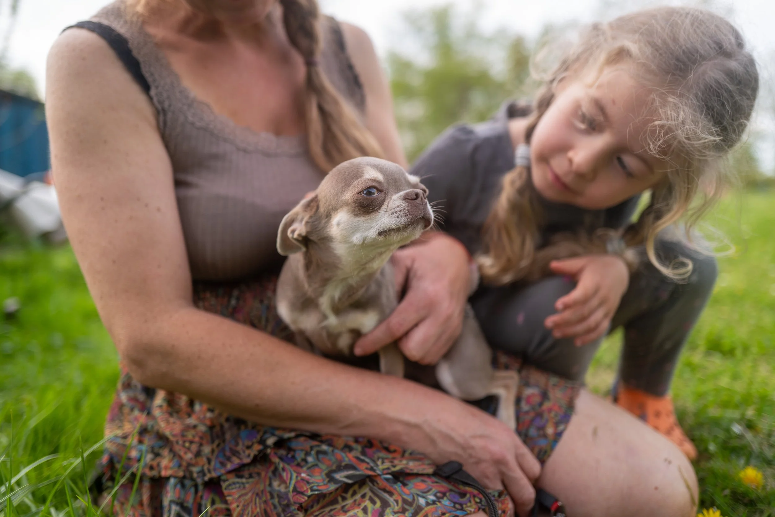 Zwei Frauen halten ein Hundewelpen im Freien auf einer Wiese, im Hintergrund Bäume.