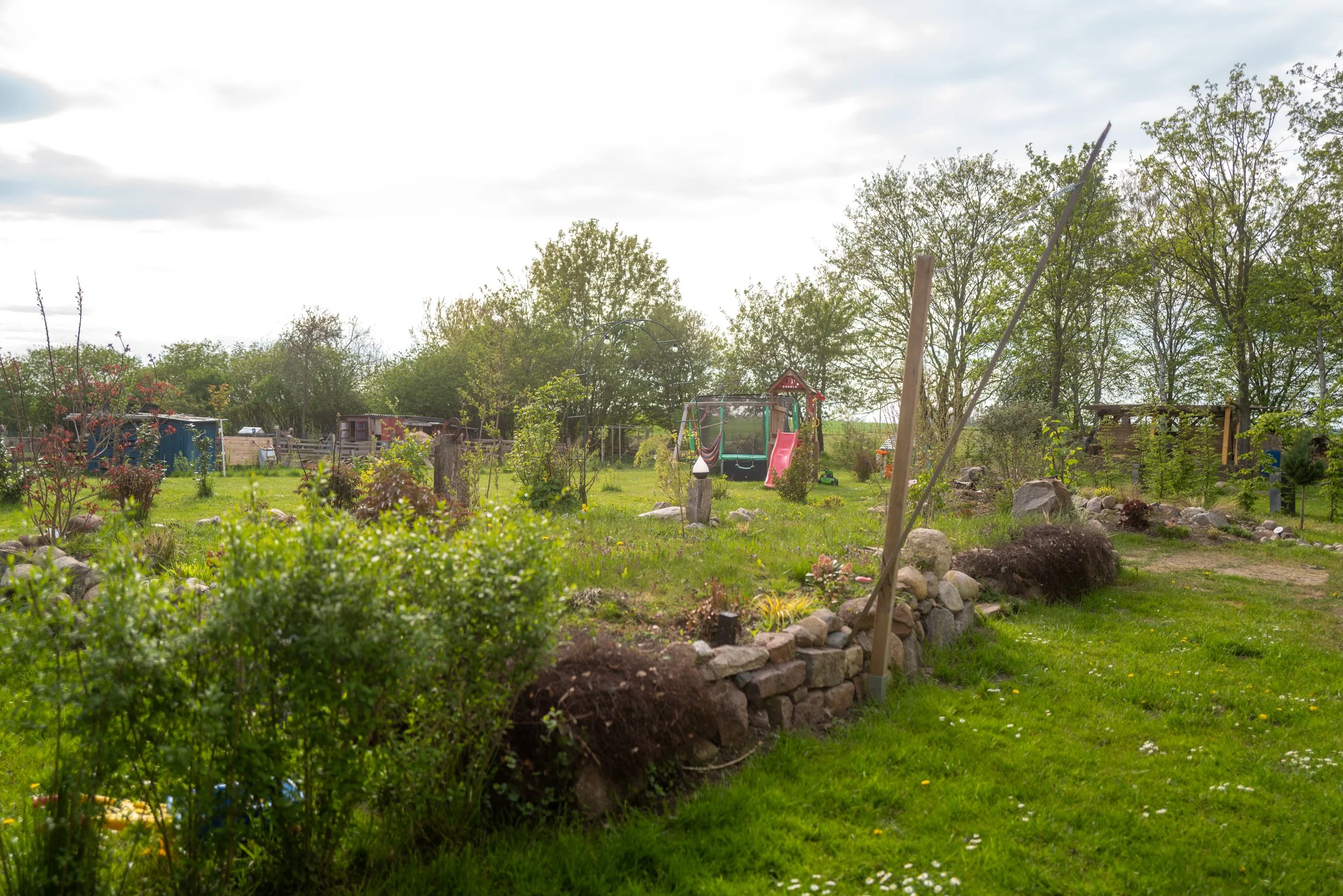 Ein Garten mit Spielplatz im Hintergrund, umgeben von Bäumen und Blühsträuchern.