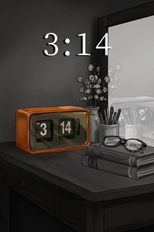 A digital desk clock showing 3:14 AM next to a vintage flip clock displaying 3:14 on a wooden desk. The desk has a pair of glasses, two books, a pen holder, and a window with a city view.