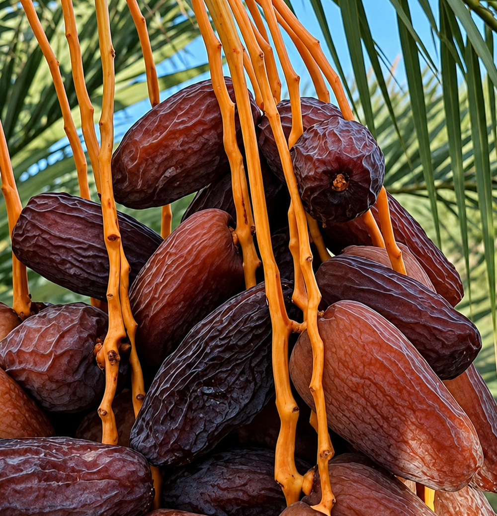 Premium Egyptian Medjool dates growing on a date palm in Al Farafra Oasis, Egypt
