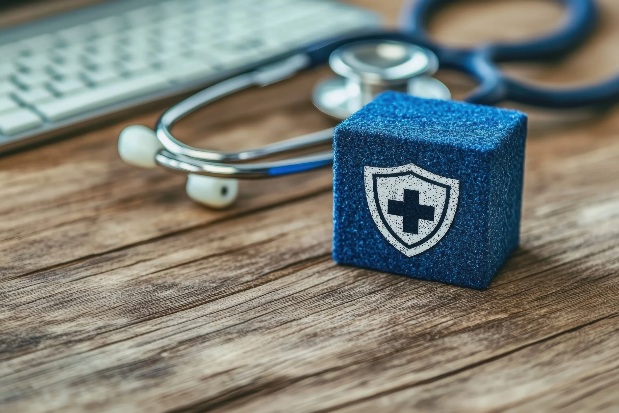 A stethoscope, a presence, and a blue medical shield with a cross and shield logo placed on a wooden surface.