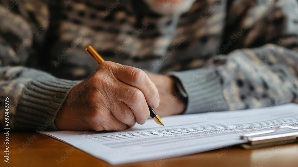 Person's hand holding a gold pen, signing or writing on a document or contract on a clipboard.