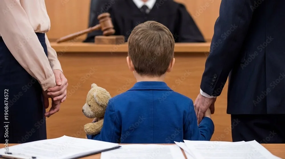 Child with teddy bear in a blue jacket facing a judge in a courtroom, flanked by two adults, with documents on the table in front.