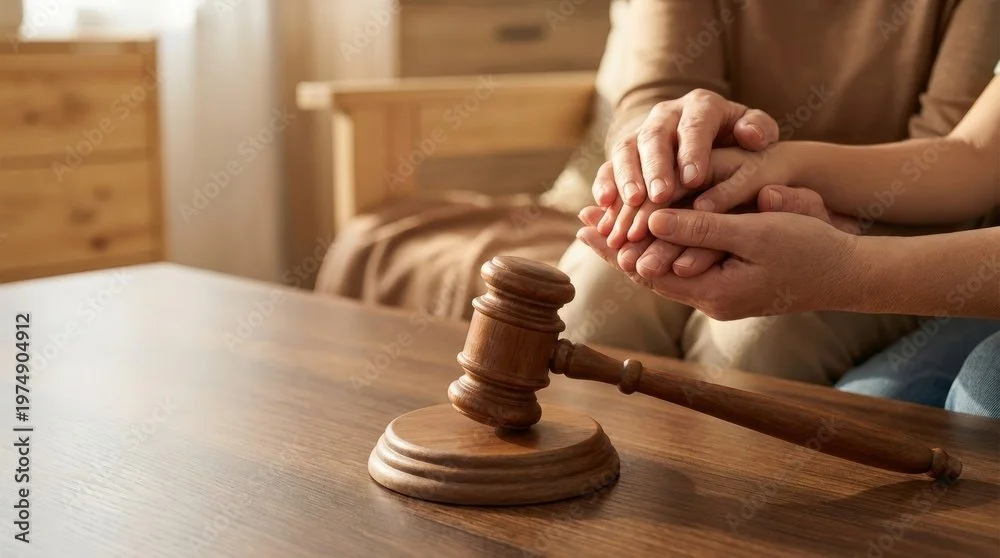 A person holding another person's hands in a comforting manner, with a gavel on the wooden table indicating a legal or court setting.
