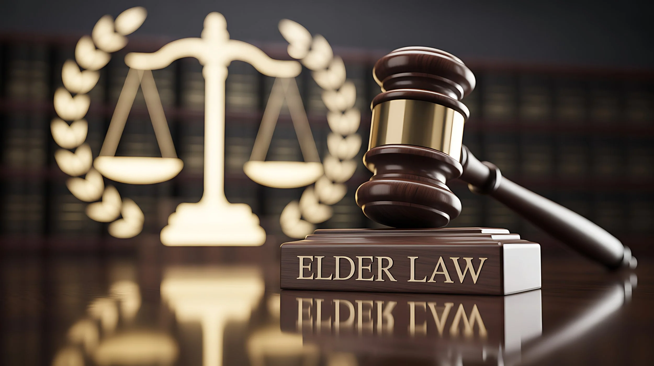The image shows a wooden gavel and a block with the words 'ELDER LAW' engraved on it. In the background, there is a blurred emblem of scales of justice, symbolizing law and legality.