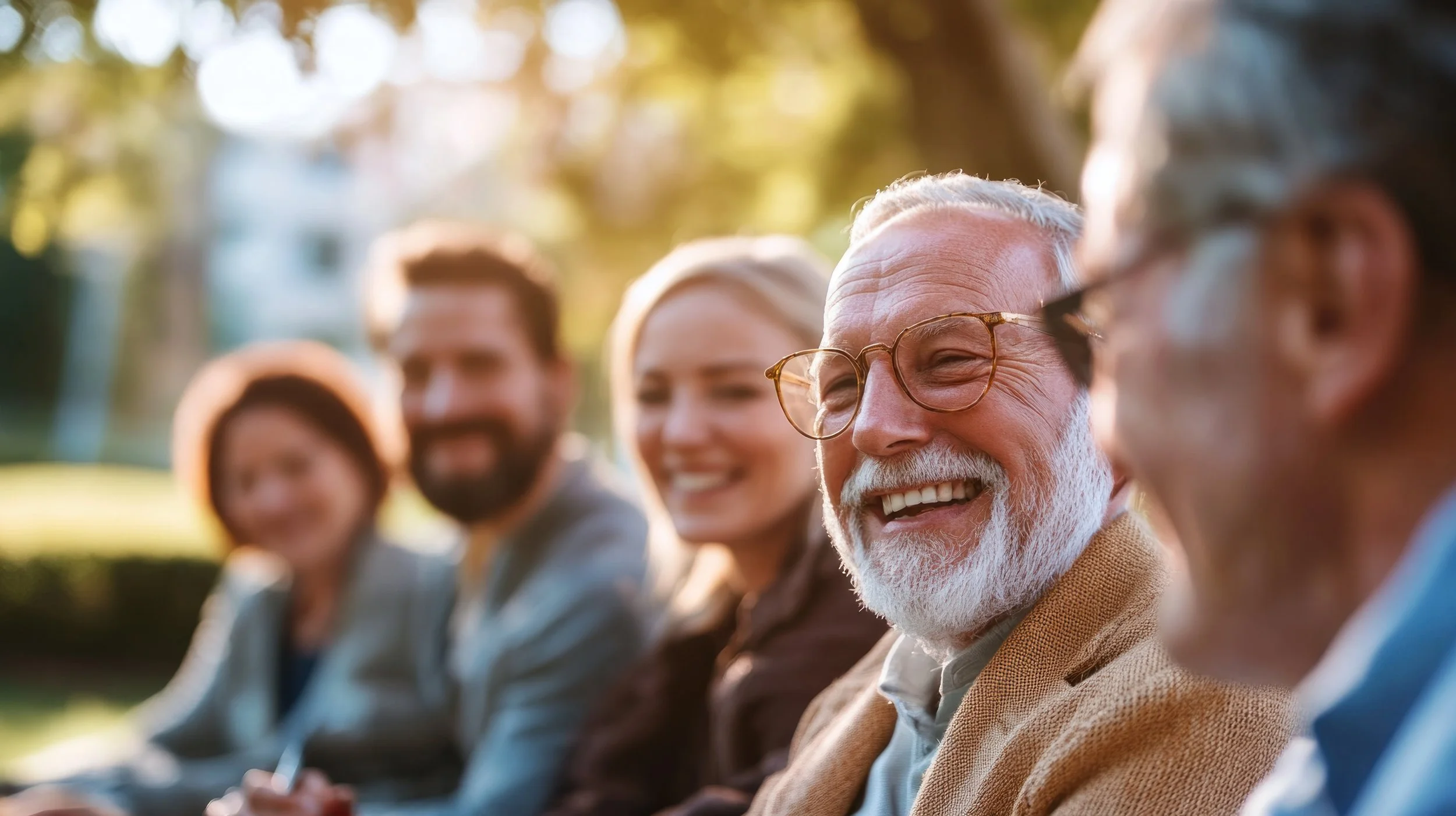 Group of diverse people sitting outdoors, smiling and talking