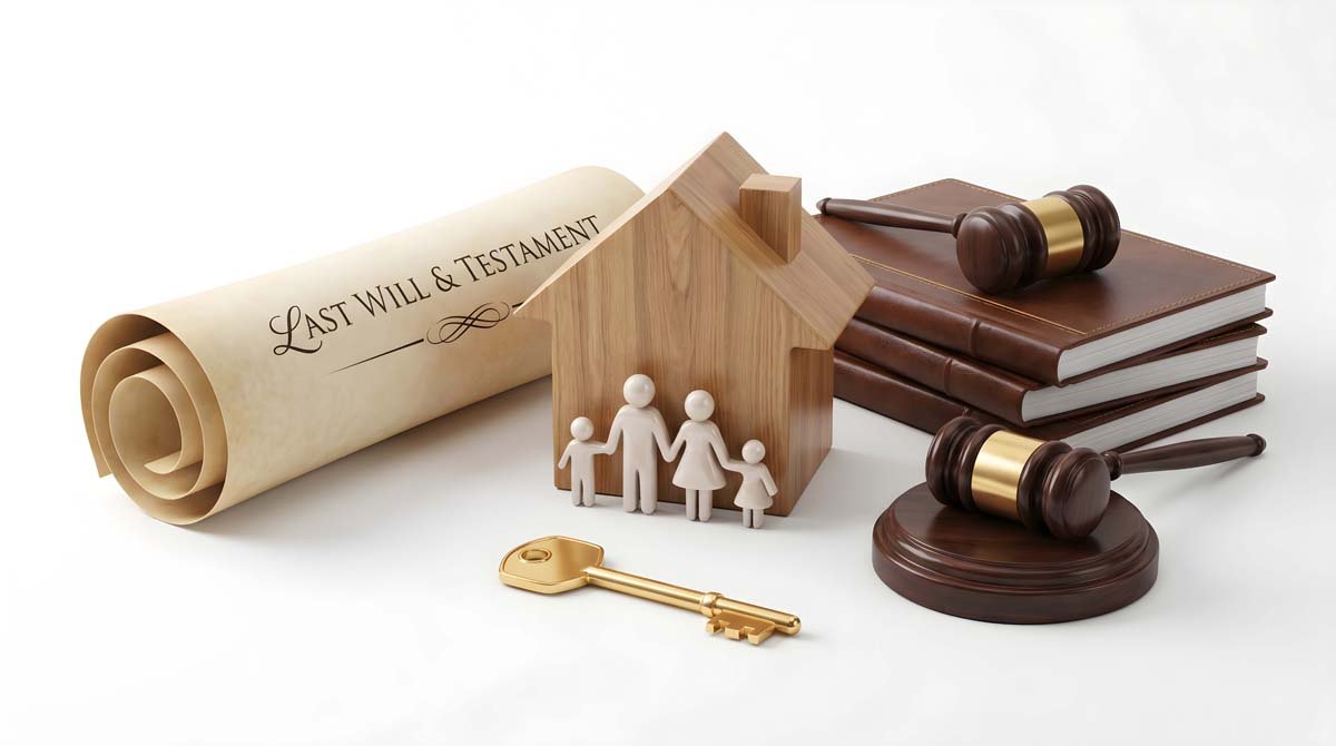 Legal documents, a house model, family figures, gavel, key, and law books on a white background.