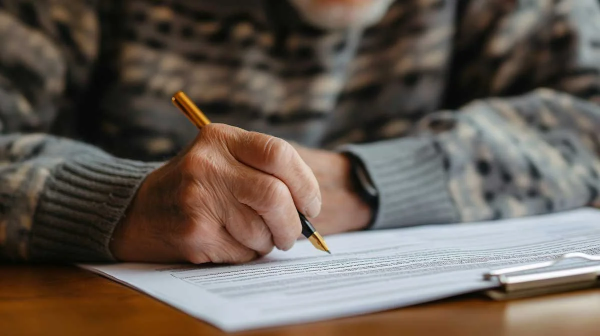 A person wearing a camouflage sweater and a gray long sleeve shirt is writing with a gold and black pen on a document placed on a wooden table.