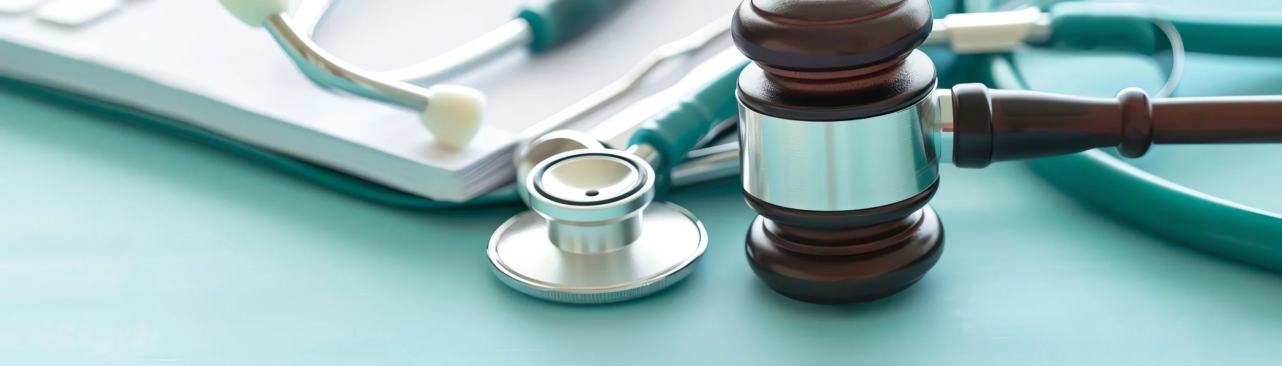A stethoscope and a gavel placed on a light blue surface with medical documents in the background.