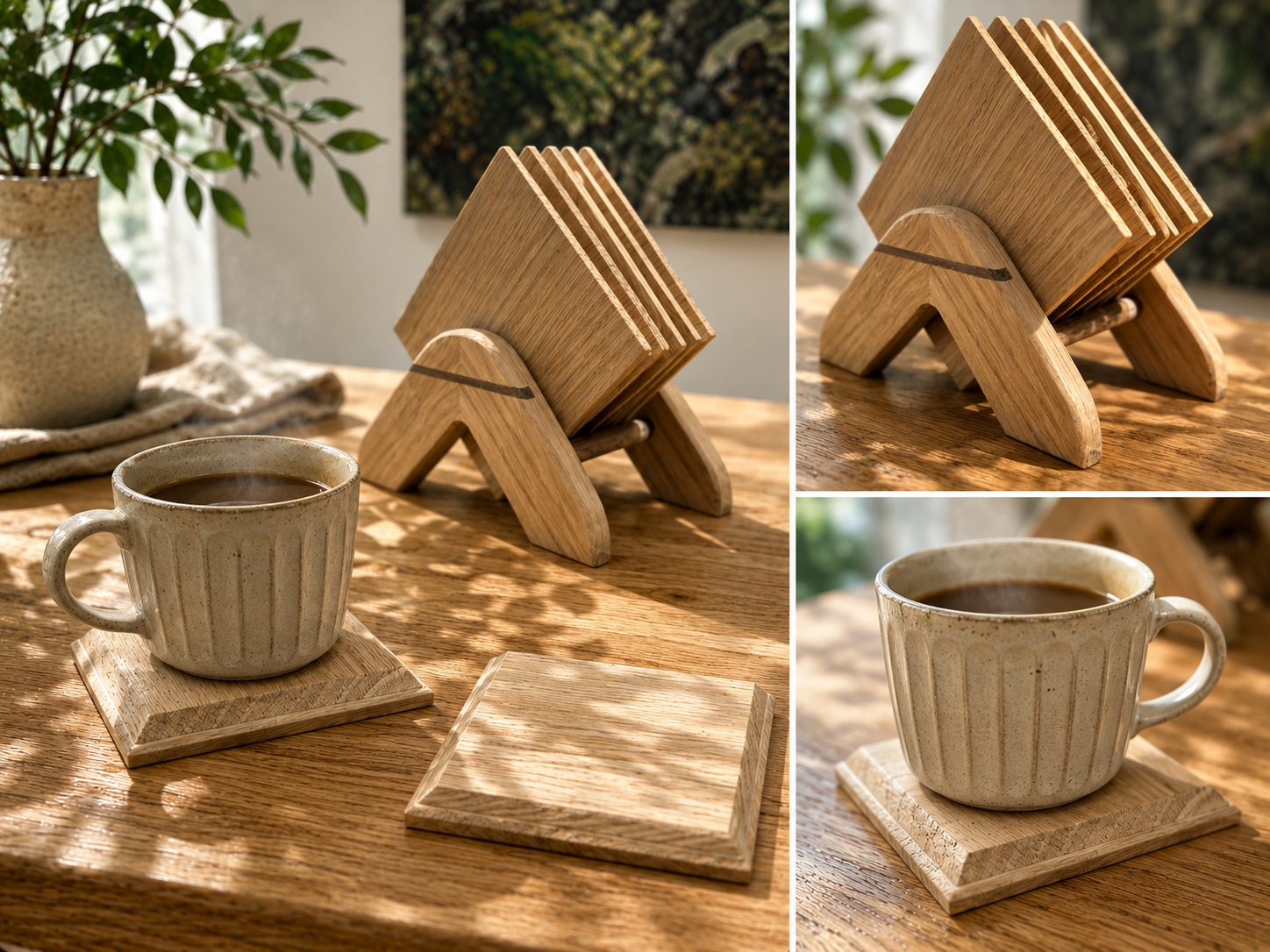 Laminated Solid Oak Coasters and Stand