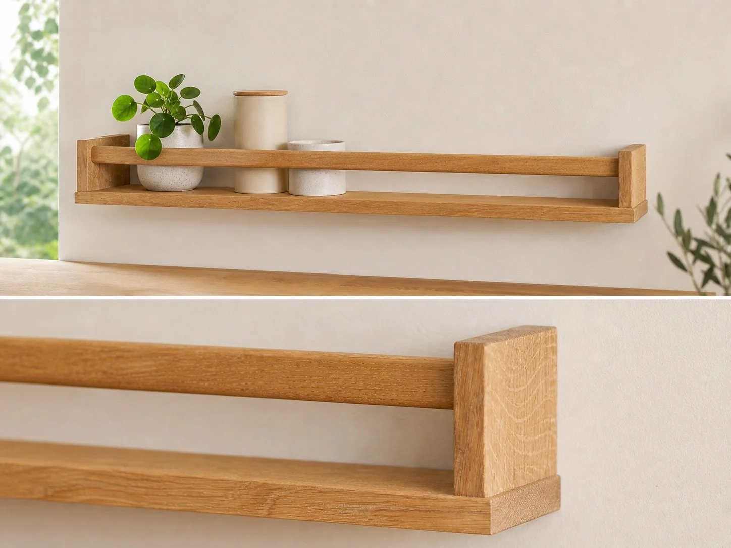 Solid Oak Wall Shelf with Rail