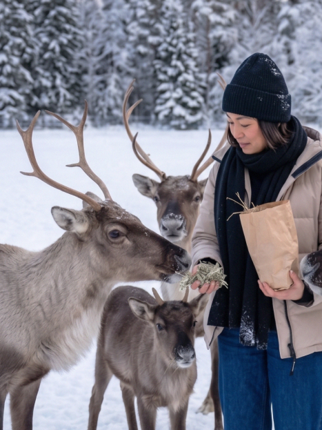 Woman feeding reindeer in an enclosure