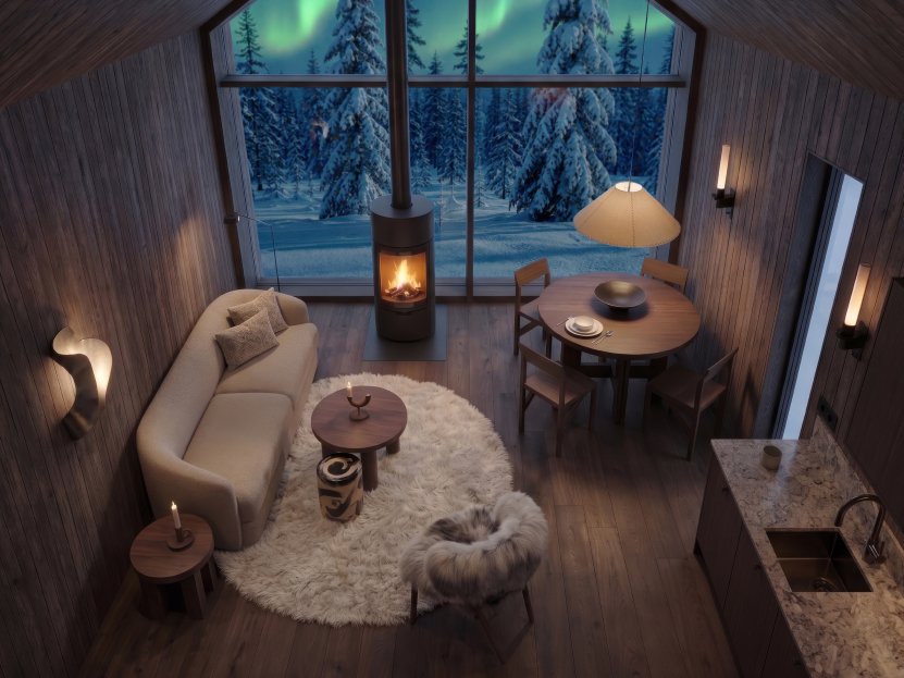 Top-down view of the living room with a fireplace and northern lights through the window.
