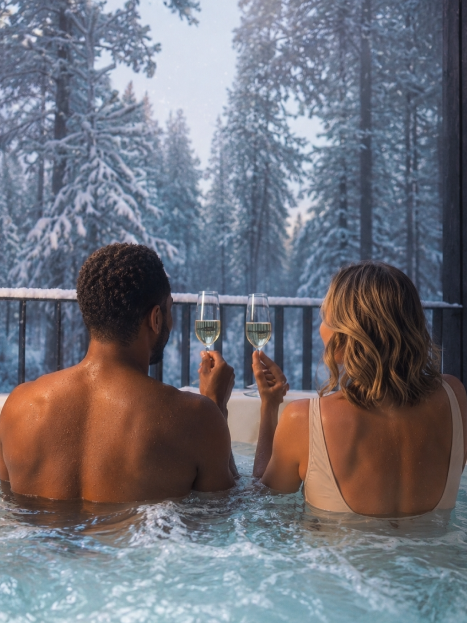 Couple drinking shampagne in a hot tub