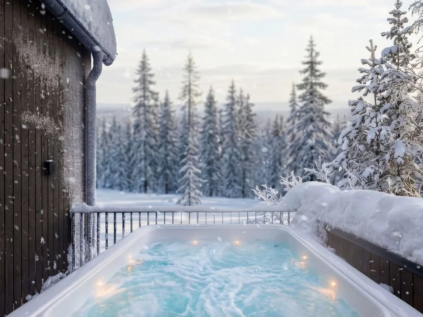 Outdoor hot tub on the terrace overlooking a snowy forest landscape.