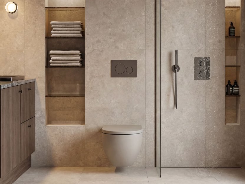 Modern bathroom with stone tiles, dark wood vanity and built-in towel shelves.