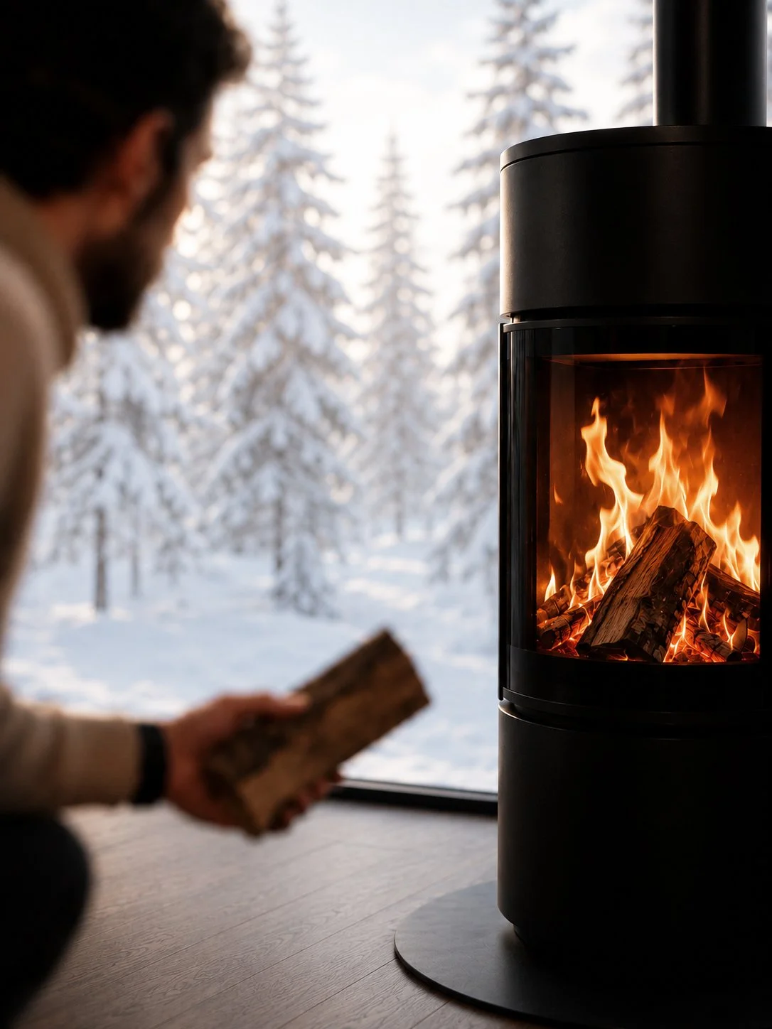 A man about to add wood to a fireplace
