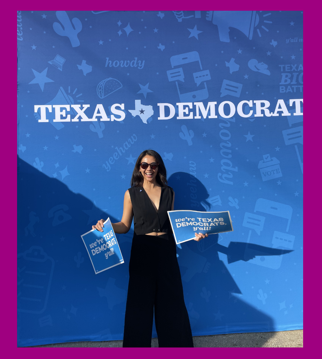 A woman wearing sunglasses and a black outfit holding signs that say "we're TEXAS DEMOCRATS, y'all!" standing in front of a blue background with political and Texas-themed graphics and the text "TEXAS DEMOCRAT".