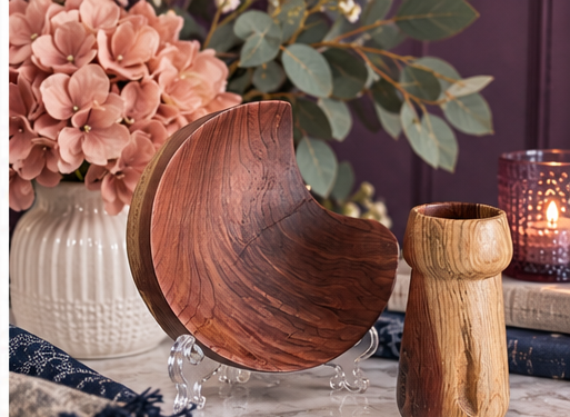 Decorative wooden crescent sculpture on a glass stand beside a carved wooden vase, pink flowers, eucalyptus leaves, and a candle lantern