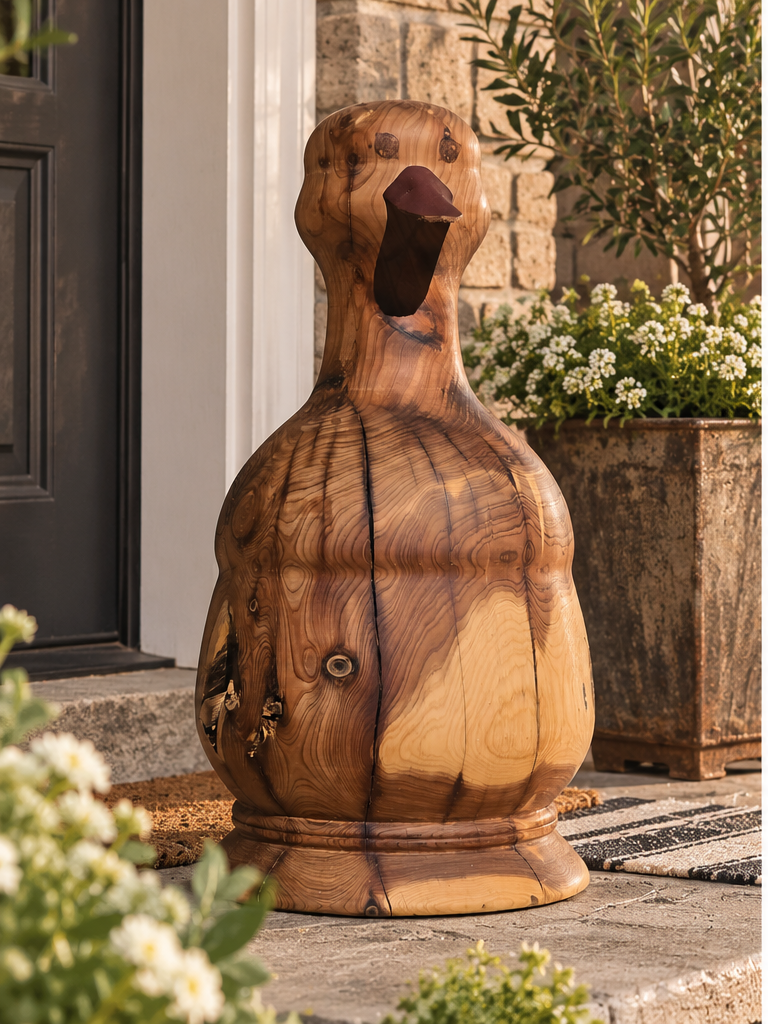Handcrafted wooden duck sculpture displayed on a front porch beside potted white flowers