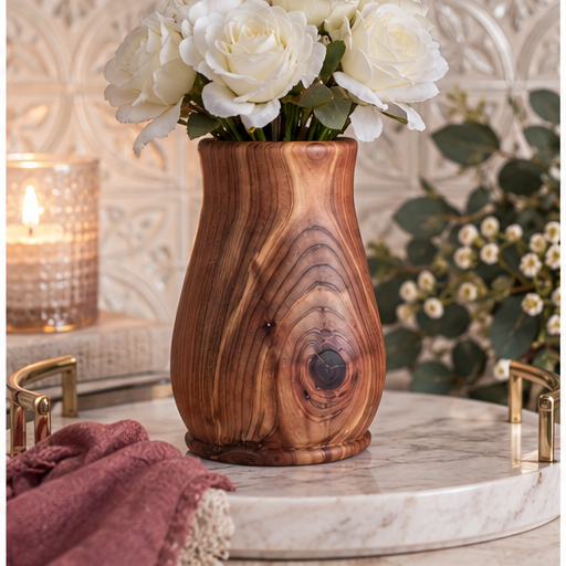 White roses in a wooden vase on a marble bathroom counter