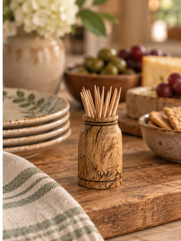 Wooden toothpick holder on a rustic table with plates, olives, cheese, grapes, and crackers