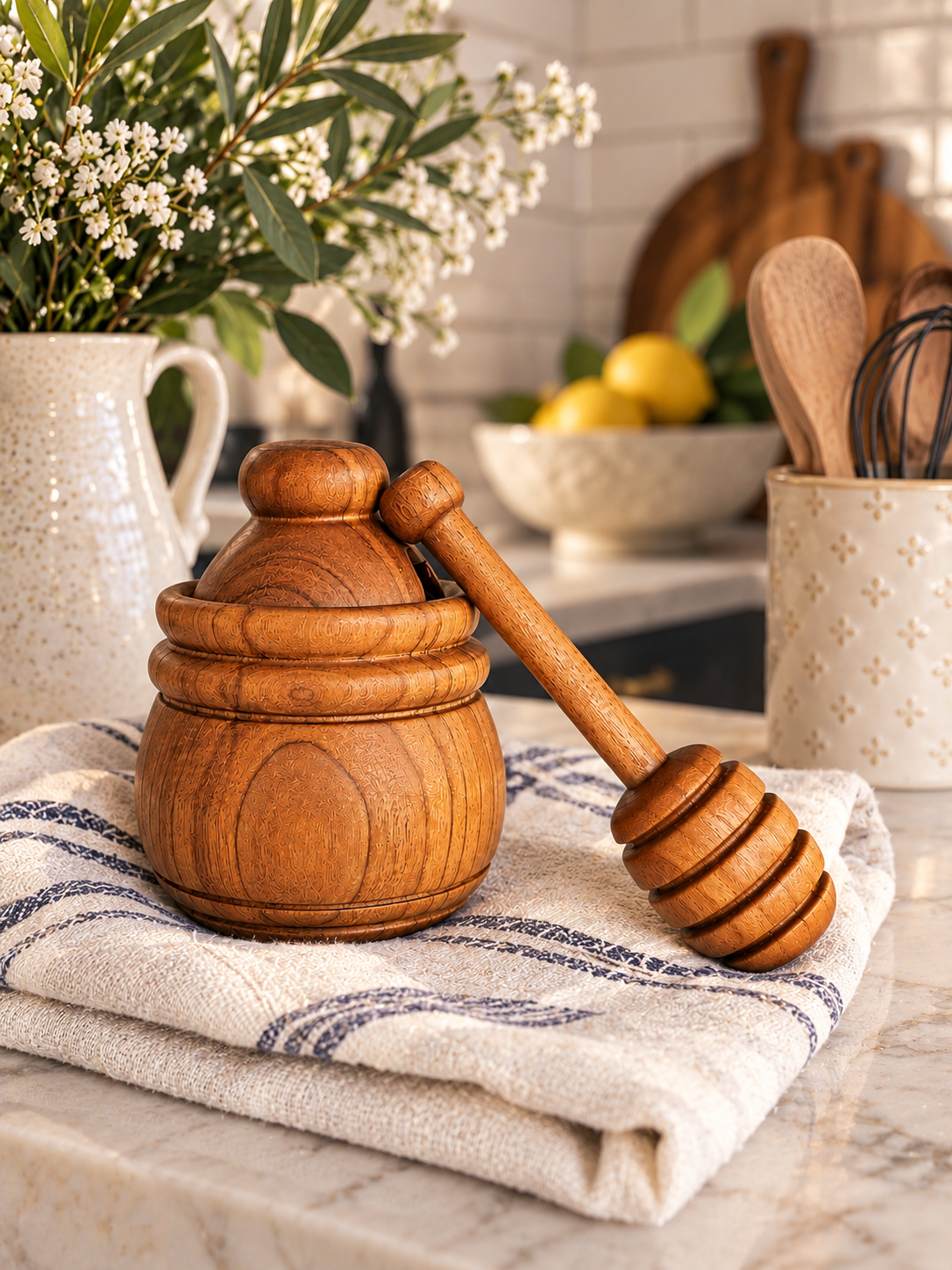 Carved wooden honey pot with dipper on a striped kitchen towel, surrounded by flowers, lemons, and ceramic pitchers.