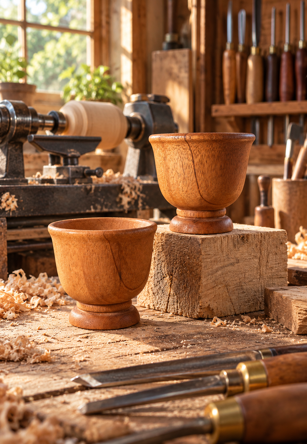 Handcrafted wooden cups in a woodturning workshop with lathe, chisels, and wood shavings