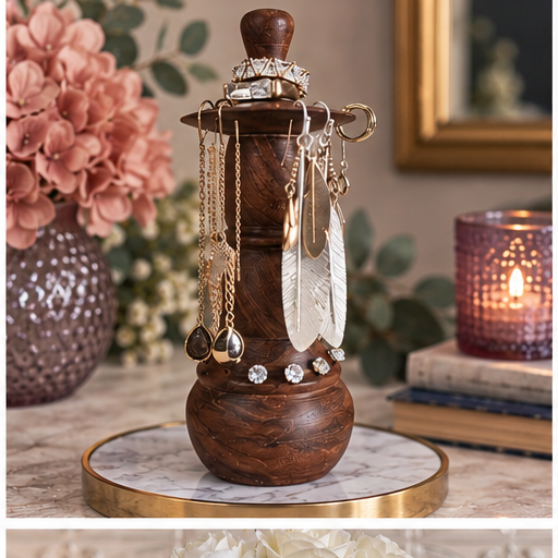 Elegant jewelry organizer displaying necklaces, earrings, rings, and white feather-shaped earrings on a carved wooden stand