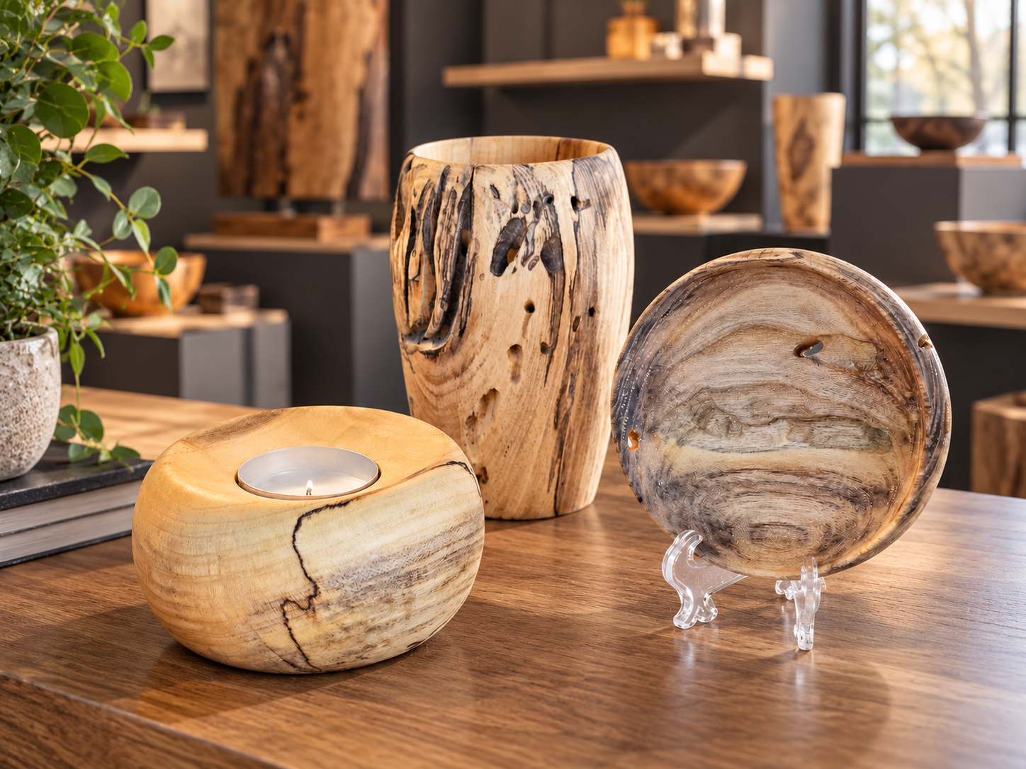 Handcrafted wooden decor displayed on a table, including a candle holder, tall vase, and round wood-grain plate on a stand.