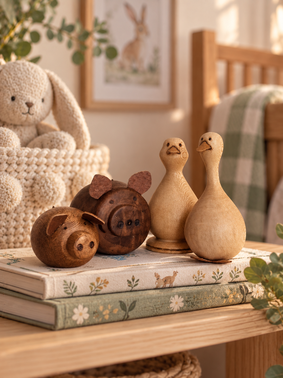 Wooden animal figurines—a pig, dog, and two ducks—displayed on floral books beside a plush bunny in a cozy bedroom