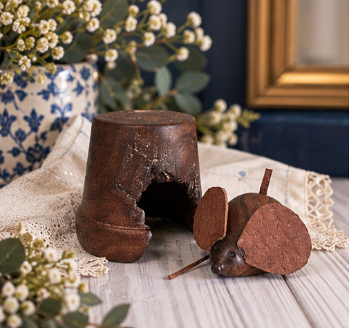 Handcrafted wooden mouse figurine beside a carved wooden shelter on a vintage table, with white flowers and lace decor