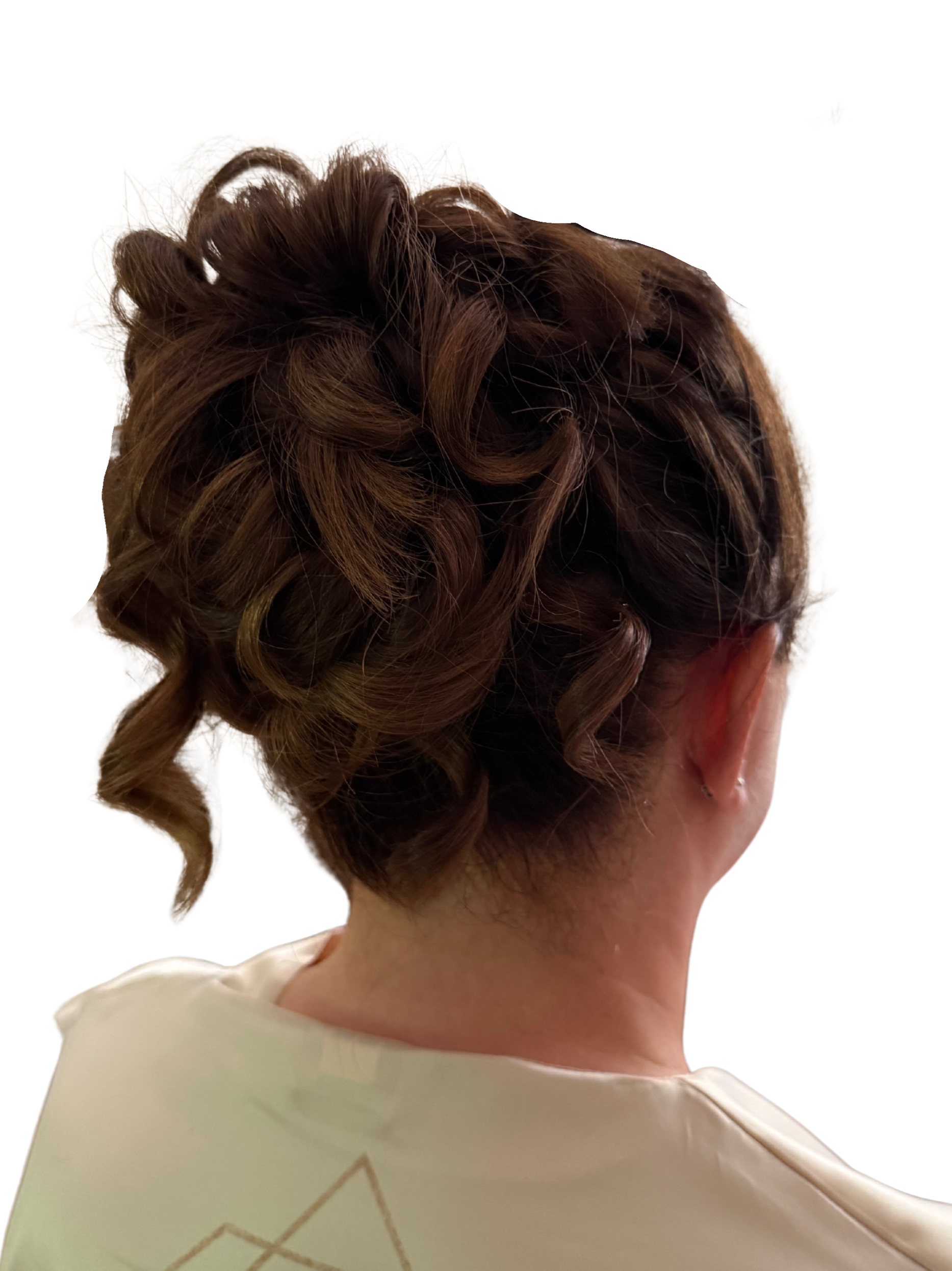 Back of a person's head with a curly hair up with brown hair, wearing a cream-colored top with geometric design.