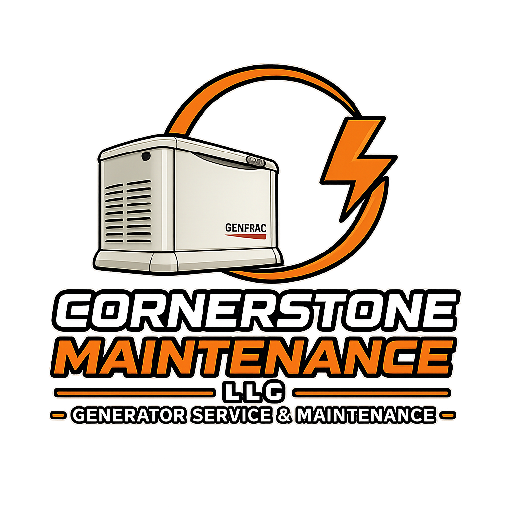 A logo for Cornerstone Maintenance LLC featuring a generator, a lightning bolt, and the company name with services offered.
