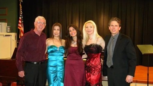 Garth Baxter with OperaBelle (Katherine Keem, Angela knight and Anna Korsakova) and pianist Andrew Stewart after the OperaBelle Fall Concert at Edenwald, Towson, Maryland Friday, September 26, 2014