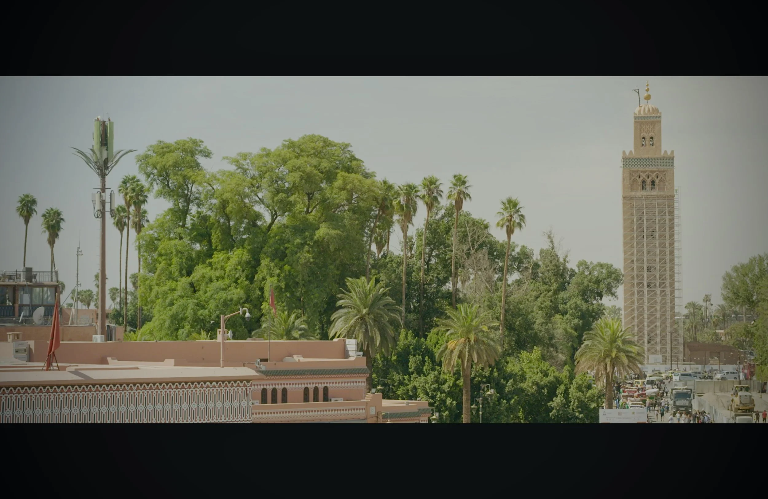 A cityscape with a mix of modern and traditional architecture, including tall palm trees, lush green trees, and a prominent tower resembling a minaret, set against a cloudy sky.