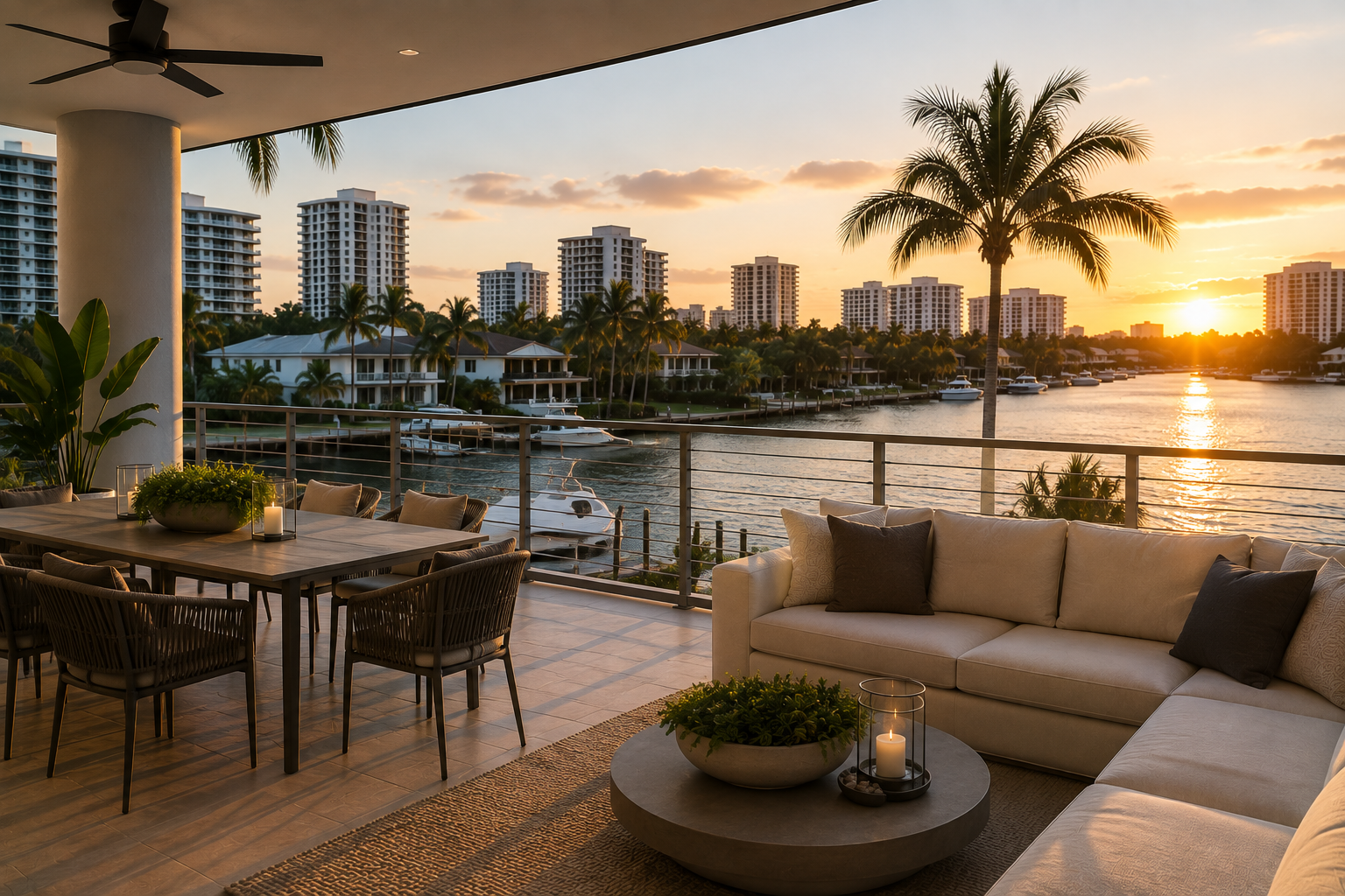 Luxury balcony overlooking a marina at sunset with outdoor dining, a sofa, and tropical plants.