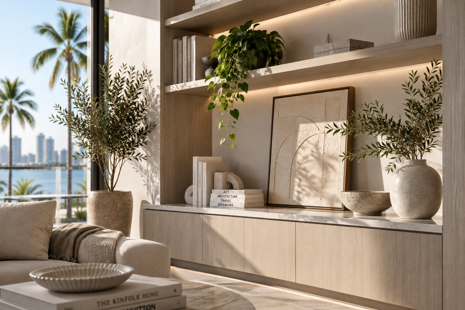 A modern living room with a beige sofa, a marble coffee table, and built-in wooden shelves decorated with books, plants, and art pieces. Large windows show a view of a city skyline and palm trees outside.