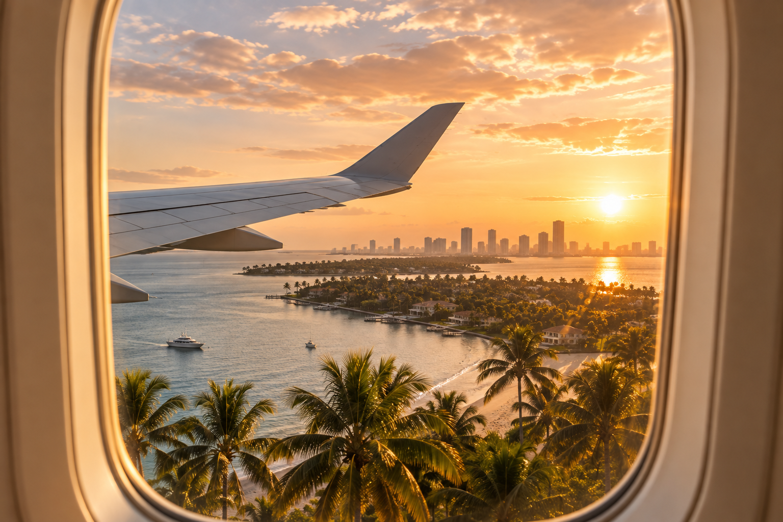 Sunset view from an airplane window showing the wing, a city skyline across a body of water, palm trees on a beach, and boats sailing in the water.