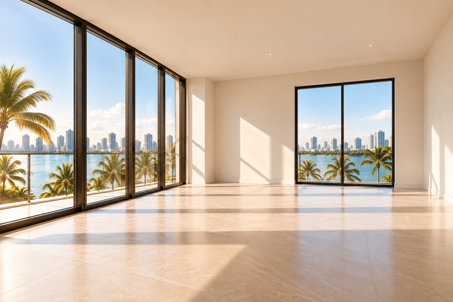 Empty room with large floor-to-ceiling windows showing a city skyline, water, and palm trees outside, sunlight casting shadows on the floor.