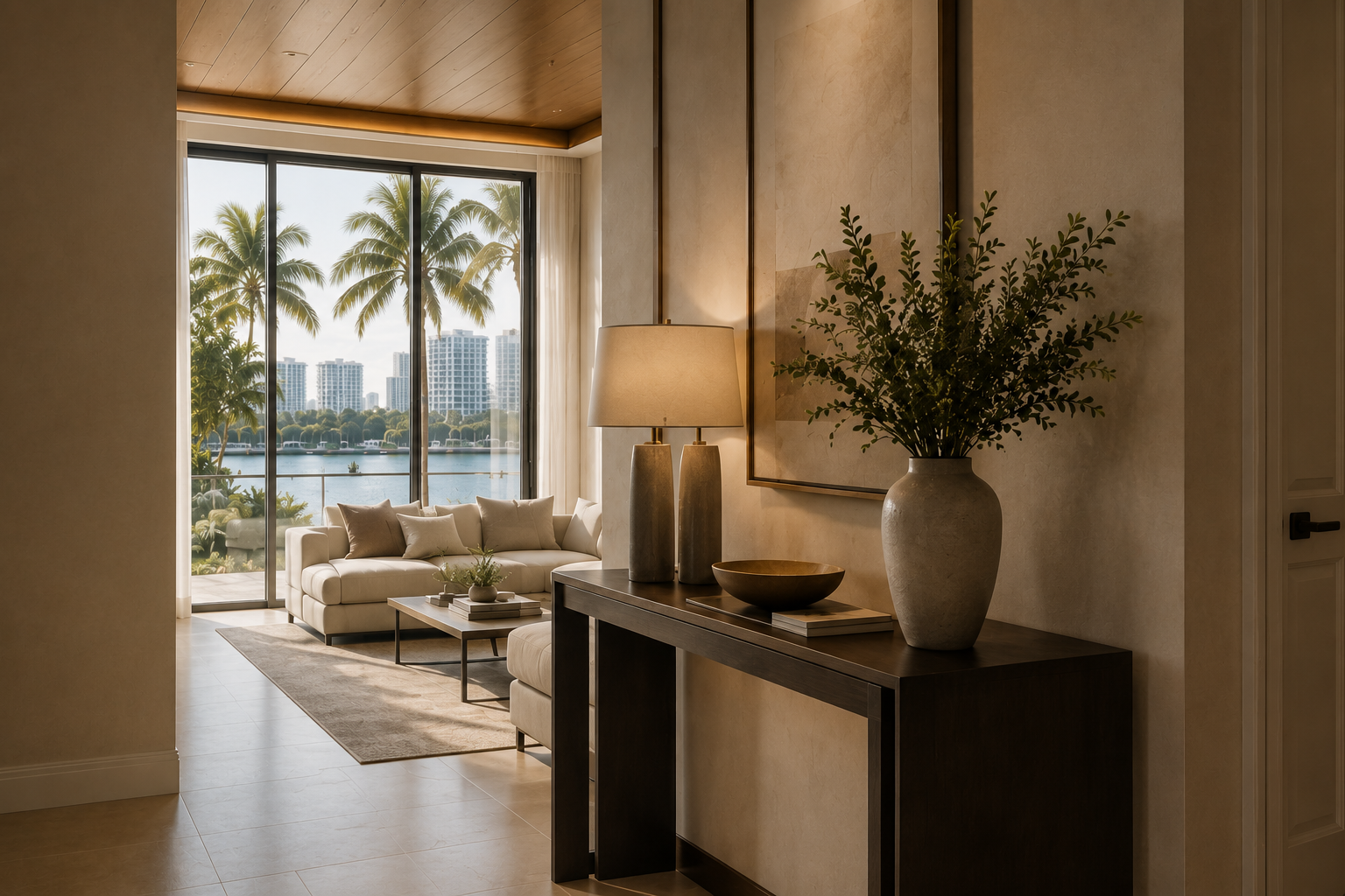 Living room with a large window overlooking palm trees and a city skyline, beige sofa with pillows, coffee table, decorative lamps, large vase with greenery, and a framed artwork on the wall.