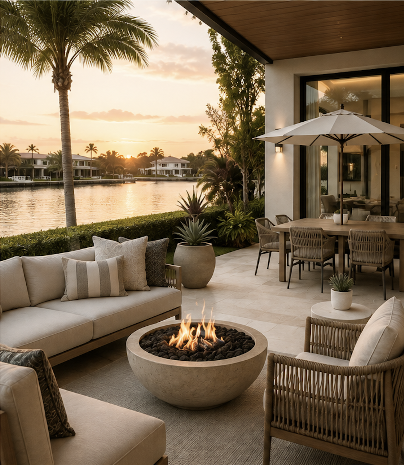 Outdoor patio with seating area and fire feature overlooking a waterway with houses, palm trees, and a sunset sky.