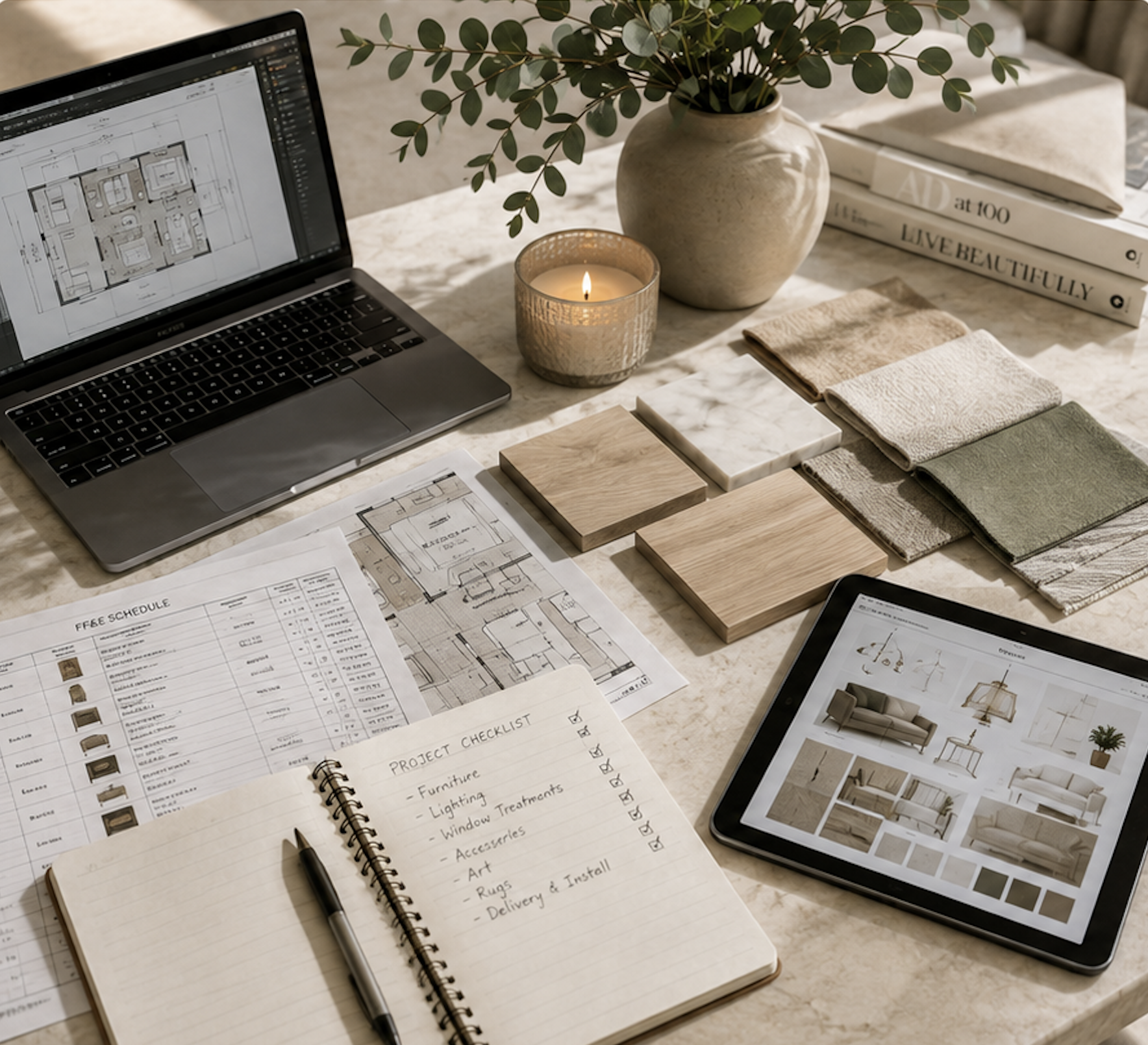 A table with architecture plans, color swatches, a project checklist, a laptop displaying a floor plan, a tablet showing furniture images, a lit candle, a vase with greenery, and books about interior design.
