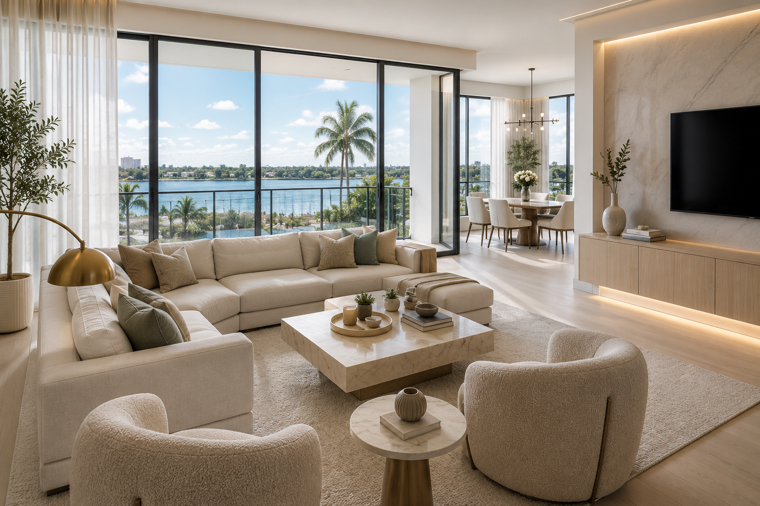 Modern living room with beige L-shaped sofa, white armchairs, marble coffee table, and large floor-to-ceiling windows showing a lake, palm trees, and a blue sky.