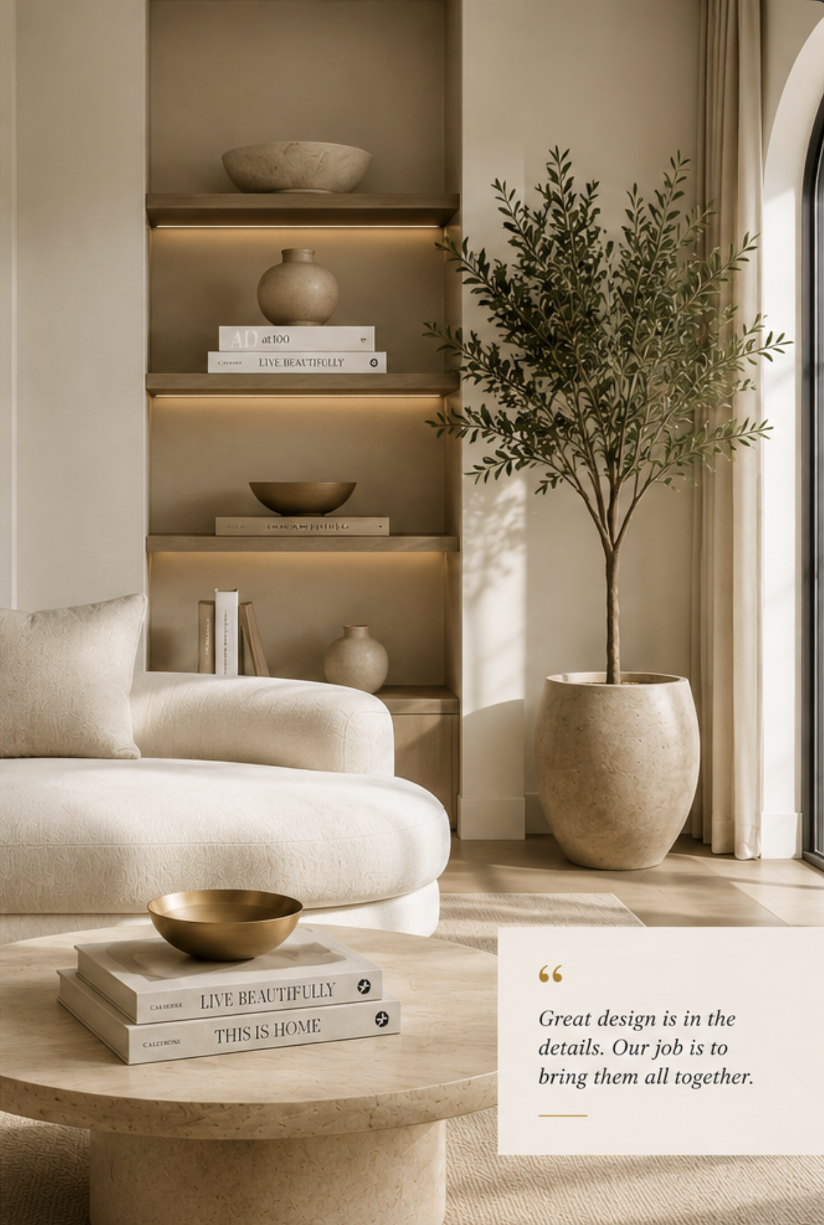 A living room with a cream-colored sofa, a round coffee table with stacked books and a decorative bowl, a tall potted plant near a window with curtains, and built-in shelves with vases and books, all in neutral tones and natural light.