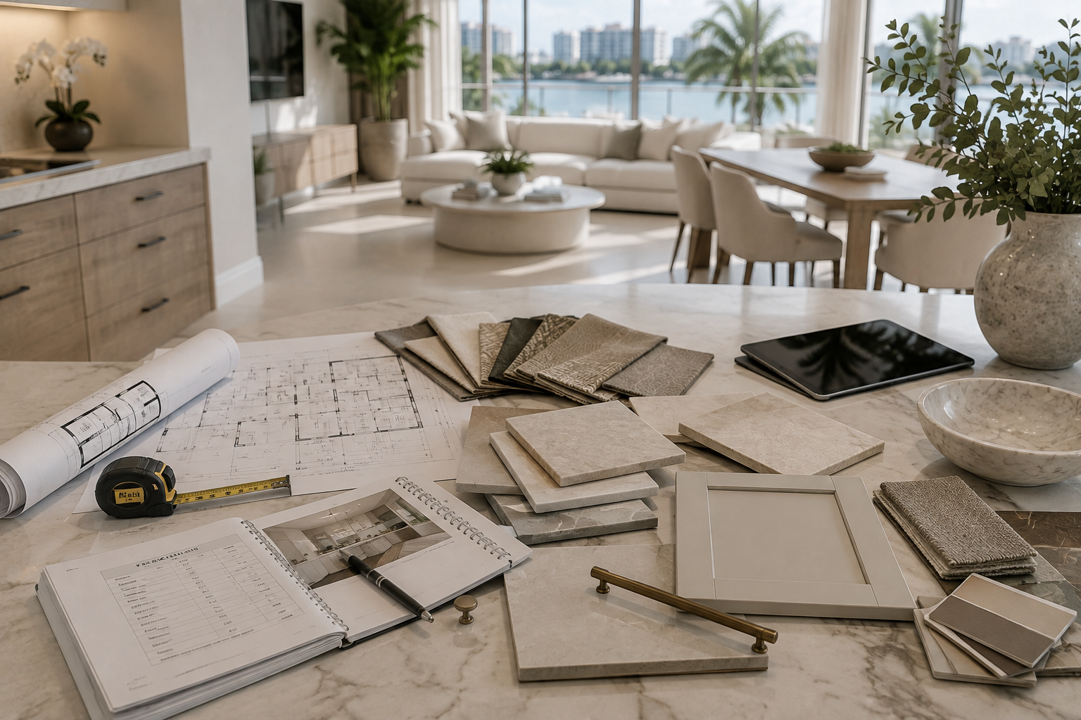 Design plans, fabric samples, and interior decor materials on a marble kitchen island in a bright, modern living room with large windows overlooking water and palm trees.
